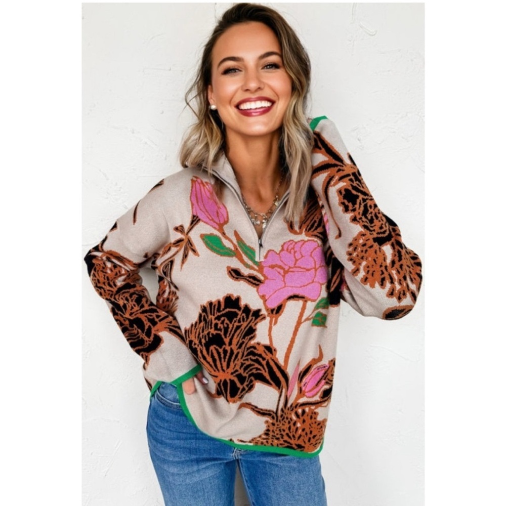 Floral Print Quarter Zip Sweater